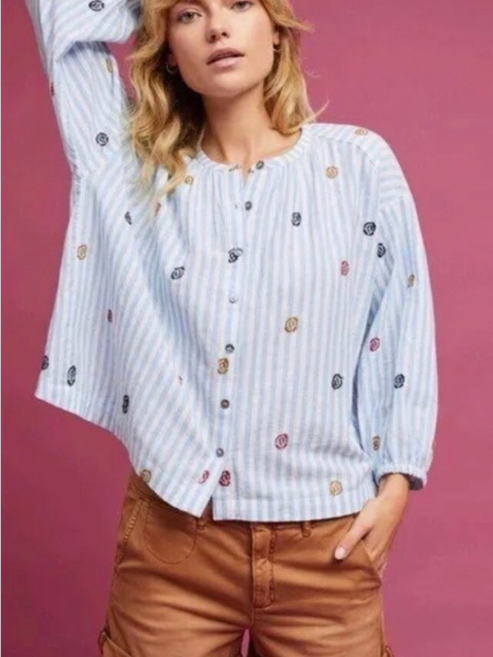 Anthropologie Light Blue Striped Embroidered Button-Up Blouse